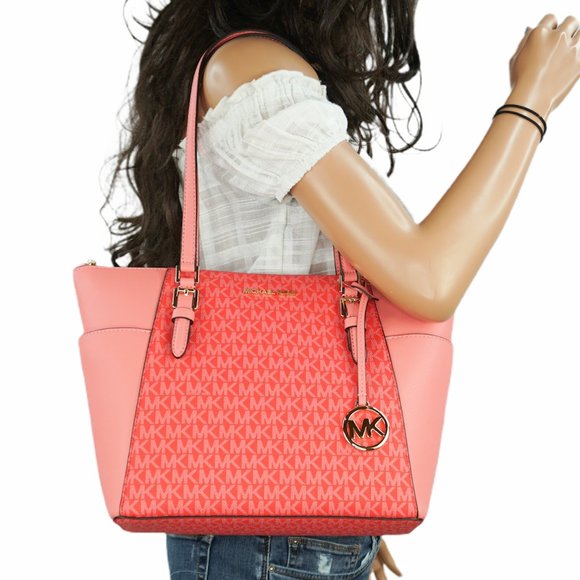 Michael Kors Charlotte Large Top Zip Shoulder Tote Bag MK Coral Reef Multi - Picture 1 of 11
